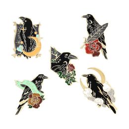 Punk Gothic Crow Raven Enamel Pins Bird Feather Moon Flowers Brooches Bag Lapel Badge Fashion Jewelry Gift for Friends Kids