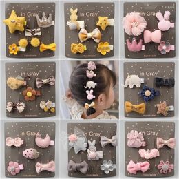 Hair Accessories 5Pcs/Set Ribbon Bowknot Flower Clips For Baby Girls Cute Sweet Cartoon Animal Handmade Bows Crown Hairpin Kids Headwear