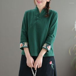Women's Blouses Spring Summer Standing Collar Disc Button Shirt Female Cuff Embroidered Cotton Nine Quarter Sleeve Top