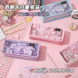 Cute Girl Transparent Pencil Case Wholesale Handmade DIY Stickers Tide Cartoon Stationery Bag Large Capacity