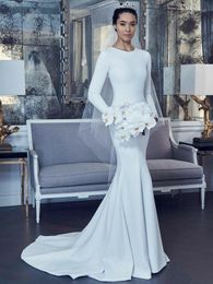 Wedding Dress Elegant A-Line O-Neck Long Sleeve Satin Dresses Pleated White Sweep Train Mermaid Bridal Gowns For Women
