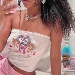 Women's Tanks Women Crop Tops Camis Elastic Summer Casual Angel Embroidery Off-shoulder Sleeveless Tank Streetwear Club Wear