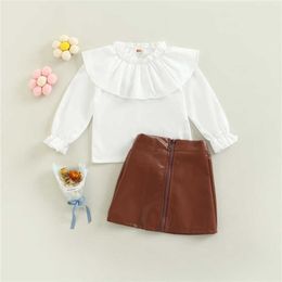 Clothing Sets Children Autumn Fashion Clothing Girls Outfits Solid Colour Flounce Long Sleeve Blouse and Leather Skirt Girl Clothing Set