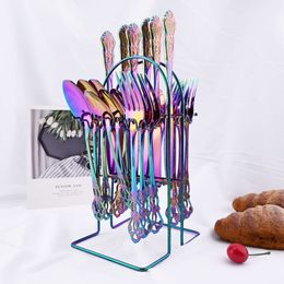 Dinnerware Sets Rainbow Western Dinnerware Stainless Steel Cutlery Set Gold Knife Fork Coffee Spoon Tableware Set With Luxury Storage Rack 230518