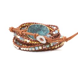 Tennis Bracelets Women Unique Natural Stones Ocean Stone Charm 5 Layers Leather Wrap Boho Bracelet Dropship