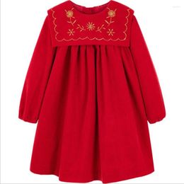 Girl Dresses Vintage Baby Corduroy Embroidered Princess Dress Kids Casual Red Big Lapel Birthday Party Christmas