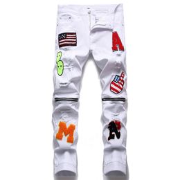 Men's Jeans Sprin Summer Slim Leg Pants Stretch Knee Zipper Denim White Hole Nightclub Fashion Hip Hop Casual Trousers 230517