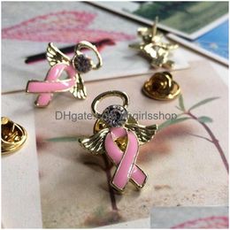 Pins Brooches Pbr04224 Goldsier Plated Alloy Crystal Enamel Pink Ribbon Angel Breast Cancer Tac Pin 201009 Drop Delivery Jewelry Dhjbg