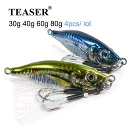 Fishing Hooks TEASER 4pcs 3D printing 30g 40g 60g 80g small jack S-shaped micro slow sink metal spoon rotating coastal casting artificial fishing bait 230517