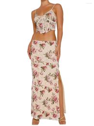 Two Piece Dress Women Skirt Set Vintage V-neck Camisole With Low Waist Long Slit Summer Outfit For Cocktail Party