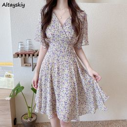 Basic Casual Dresses M-3XL Dresses Women Summer Chic Soft Lady V-neck Stylish Tunic Slim Beach Simple Print Tender Sweet Holiday Vestidos 230518