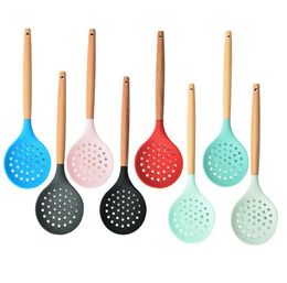 Silicone Cooking Strainer Non-Stick Heat-Resistant Wooden Handle Colander Spoon Skimmer Strainer Cooking Kitchen Tool