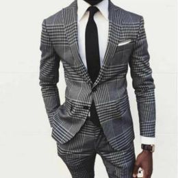 Men's Suits Vintage 2 Piece Grey Mens Plaid England Style Notch Lapel Groom Wedding Tuxedos Evening Party Prom Dress Custom Made 2023