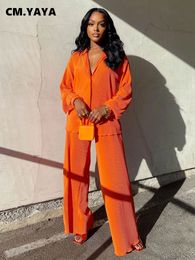 Women's Two Piece Pants CM.YAYA Street Women's Set Long Sleeve Shirt Tops and Wide Leg Pants Elegant Tracksuit Two Piece Set Sweatsuit Fitness Outfits 230518