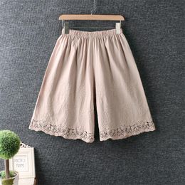 Capris New Summer Women Knee Length Japan Style Mori Girl Elastic Waist Lace Embroidery Loose Cotton and linen wideleg pants