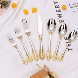 Dinnerware Sets 30 Piece Flatware Set Service For 6 People Gold Vintage 24K Plated Stainless Steel 18/10 Hollow Handle Cutlery Set Wedding Gift 230518