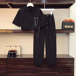 Women's Two Piece Pants Women Overalls Cargo Black Suit Shirt Top And Harem Pant Set Female 2 Tracketsuit Plus Size 4XL Summer Clothes