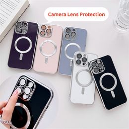 Magsafe Magnetic Wireless Charging Soft Silicone Cases Camera Glass Lens Protection Plating Cover For iPhone 14 13 12 11 Pro Max XR X 8 7 Plus Samsung S21 S22 S23 Ultra