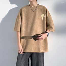Men's T Shirts Men T-shirt Vintage Star Print Short Sleeved Male Baggy Fitting Summer Suede Mens Tops Fashion Round Neck Tees