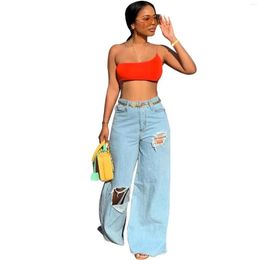 Frauen Jeans Winter Denim Elastic Hosen Frauen Retro riss breite Beinhosen unregelmäßige Loch Casual Bock-Bottoms Hosen weiblich