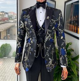 Men's Suits Jacquard Formal Sutis For Men Wedding 2023 Raven And Forest Pattern Jacket 3 Piece Custom Groom Tuxedo (Blazer Vest Pants)