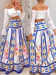 Work Dresses Off Shoulder Notched Flared Sleeves Crop Top & Floral Print Maxi Skirt Set Womens Two Peice Sets Outifits