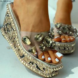 Sandals Doratasia brand design ladies crystals rivets clear platform high heels leisure slipper wedges sandals women summer shoes female J230518