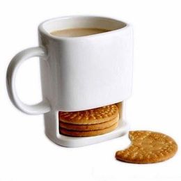 250ML Ceramic Mug White Coffee Tea Biscuits Milk Dessert Cup Tea Cup Side Cookie Pockets Holder For Home Office dh8854