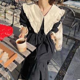 Dresses Dresses Women Clothes Peter Pan Collar Autumn New French Style Vintage Black Allmatch Casual Daily Mujer Streetwear Hot Sale