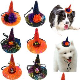 Dog Apparel Halloween Pets Hat Black Orange Flower Pumpkin Witch Cat Party Decorative Adjustable Puppy Ornament Drop Delivery Home G Dhxup