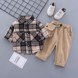 Outono primavera bebê menino conjunto de roupas do miúdo ternos conjunto xadrez camisa calças 2 pçs terno crianças conjunto 1 2 3 4 5 anos