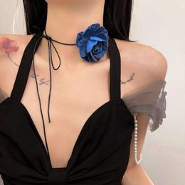 Choker Lace Rope Chain Blue Rose Tied Necklace Female Fashion Jewelry Neck Accessories Gift Collar