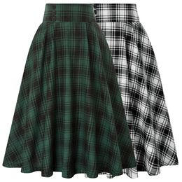 Capris Women Plaided Skirt Elastic Waist Ladies Skirts High Waist Buttons Decorated Flared ALine Dress Midi Pleated Skater Grace Karin