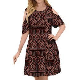 Dress Summer New Polynesian Samoa Red Tapa Flower Design Oversize Print Dress Women Oneck Short Sleeve High Waist Floral Dress Female