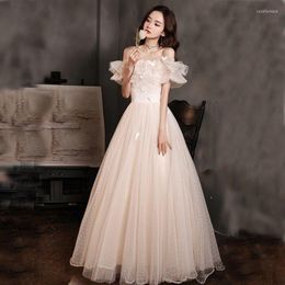Party Dresses N1134 Champagne Graduation Dress Boat Neck Long Tulle Ruffles Pleat Sexy Girl Lace Up Robe Lady Women Wedding Gown
