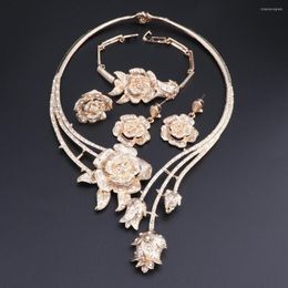 Necklace Earrings Set Dubai Gold Colour Jewellery Flower Shape Bracelet Ring For Women African Beads Costume Jewellry Sets