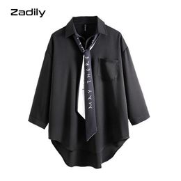 Shirts 2022 Spring Normcore Style Long Sleeve Tie Women Shirt Solid Colour Plus Size Loose Silk Ladies Blouse Free Shipping Female Tops