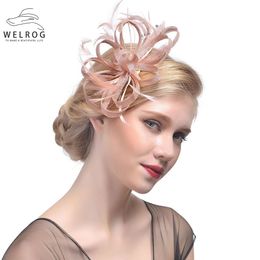 Berets WELROG Fascinator Hats Women Feather Ribbon Sinamay Cocktail Hat Wedding Bride Church Hat Ladies Fedora Caps Headwear Party 230518