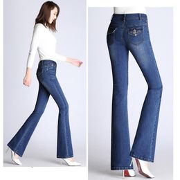 Jeans Brand Flare Pants Scratched Embroidery Womens Beautiful Clothing Jeans 2019 High Waist Jeans Skinny Plus Size Blue Trousers