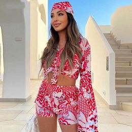 Two Piece Dress wsevypo Vintage Floral Three Pieces Women Shorts Sets Summer Autumn Beach Suits Long Sleeve Shirts+Shorts+Headscarf Chiffon Sets P230517