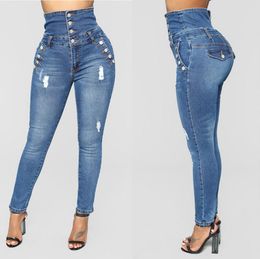 Jeans 2020 New Plus Size Stretch Jeans Women Hole Denim High Waist Jeans Buttons Female Pant Slim Elastic Blue Skinny Pencil Pant