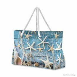 Stuff Sacks New Ladies Shoulder Bag Blue Ocean Seashell Beach Prints Tote Shopping Bag Linen Fabric Beautiful Casual Practical Handbag