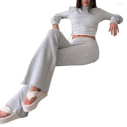 Women's Two Piece Pants Autumn Crop Top Set Backless Slim Fit Elastic Cuff Pure Colour Women For Club