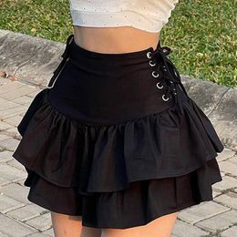 Skirts Dark Academia Side Lace Up Black sexy y2k Mini Skirts Fairy Grunge Gothic Clothes Egirl Harajuku Ruffled Short Faldas bodycon 230518