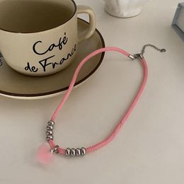 Choker Goth Cotton Rope Heart Pendant Steel Beads Necklace For Women Elegant Pink Love Woven Adjustable Chain Jewellery