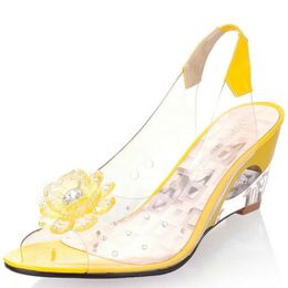 Sandals 6.5CM Wedges Sandals Women Summer Sweet Flowers Transparent Open Toe Heels Sandals Fishmouth Red Sandals Plus Sizes98 230518