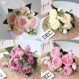 Decorative Flowers 30cm Rose Silk Peony Artificial Flower Bouquet 5 Big Heads And 4 Buds Fake For Christmas Home Wedding Interior Dec