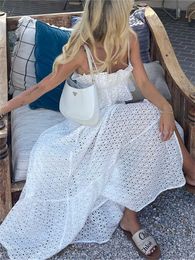 Two Piece Dress wsevypo Boho Beach Party Two-Piece Skirt Suits Women White Cutout Matching Sets Spaghetti Straps Ruffles Crop Tops+Long Skirt P230517