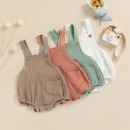 Rompers born Toddler Baby Boy Girl Romper Jumpsuit Infant Cotton Linen Clothes Sleeveless Pocket Solid Color Romper Outfit Sunsuit 230517