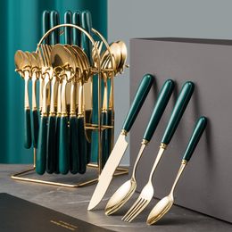 Dinnerware Sets 24pcs Cutlery Golden Cover Stainless Steel Tableware Portable Cutlery with Case Dinnerware Set for Kitchen Travel Cutlery Set 230518